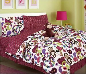 Teen Girl New 6pc Twin Fabian Bedding Peace Sign Hearts Includes Monkey Toy