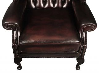 Vintage Queen Anne Antique Style English Burgundy Leather Wingback Armchair