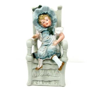 Antique German Bisque Girl Figurine Sitting in Chair Doll Signed s Dep