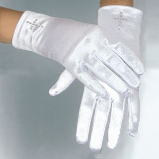 Corrine Girls White Satin Short Gloves Pair Rhinestone Cross One Size