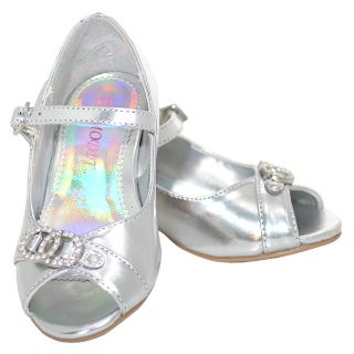 Modit Little Girls 3 Silver Kitten Heel Buckle Rhinestone Dress Shoes