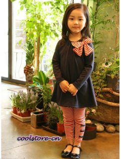 Kids Girls Korean Bowknot Tops Striped Boetie Pants Outfit Set Dress 2 7Y S52