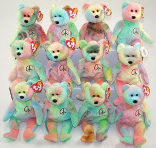 1 Dozen Peace Bears Ty Beanie Babies Lot All 115 Stamped Green Blue Pink