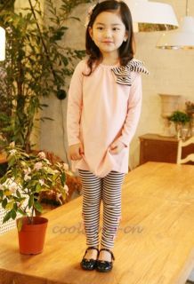 Kids Girls Korean Bowknot Tops Striped Boetie Pants Outfit Set Dress 2 7Y S52