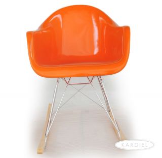 Eames Style Molded Fiberglass Rocker RAR Orange Fiberglass Light Wood Base
