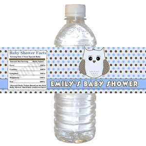 25 Custom Blue Owl Water Bottle Labels Wrappers Baby Shower Polka Dots Birthday