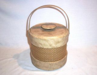 Vintage Ice Bucket with Woven Burlap Rattan Vinyl Covered Tiki Bar Accessory