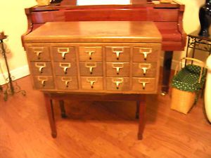 Vintage Library Index Card File 15 Drawers Cast Brass Pulls Label Holders