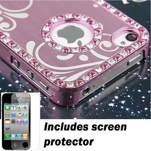Pink Shiny Rhinestone Jewel Flower Metallic Chrome iPhone 4S 4 Cover Case w SP