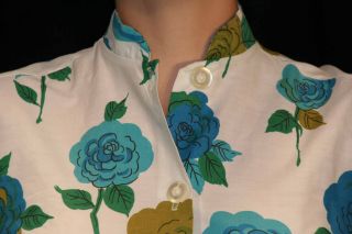 S Vtg 50s 60s Blue Green Cabbage Rose Floral Tunic Rockabilly Blouse Top Shirt
