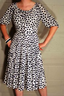 Sz s Vtg 70s Sheer Peasant Top Pleated Skirt White Navy Blue Polka Dot Dress