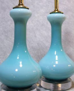 Pair Vintage Murano Glass Baby Blue Opaline Lamps 1950s Italy
