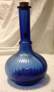 Vintage Cobalt Blue Ribbed Decanter Glass Genie Bottle Made in Spain