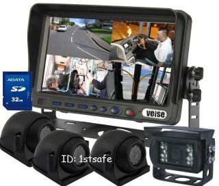 Backup Rear Side View Reverse Camera System 7"Quad LCD Monitor with Built in DVR