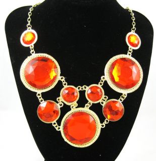 Fashion Golden Red Faceted Circle Acryl Resin Bib Statement Necklace K55