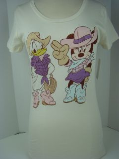 Disney Beige Daisy Duck Mickey Mouse Cowgirls Tee Shirt Junior 1039
