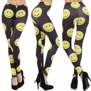 S M L Leggings Smiley Happy Face Yellow Black Skinny Stretch Pants New