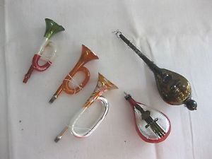 5 Vtg Antique Blown Glass Christmas Ornaments Horns Mandolins Musical Instrument
