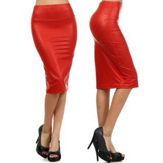 Skirt s M L Red Faux Leather Pencil High Waist Stretch Bodycon New Sexy Fitted