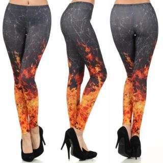 S M L Leggings Sublimation Flame Fire Print Stretch Skinny Pants Full Length New