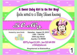 Baby Minnie Mouse Custom Printable Baby Shower Invitation Ty Card Asst Styles
