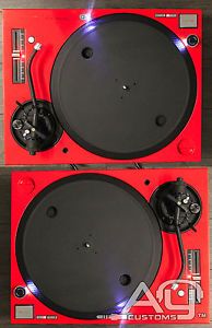 2 Custom Red Technics 1200M3D DJ Turntables Black Tonearms White Red LEDs