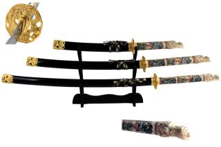 4 Pcs Closed Mouth Dragon Samurai Katana Sword Set Black Brand New