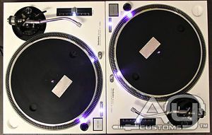 2 Custom White Technics 1200MK2 DJ Turntables Black Tonearms Ultra White LEDs
