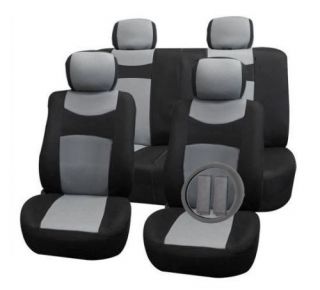 Gray and Black Car Seat Covers 11 Piece Free Steering Wheel Belt Pad Head Rests