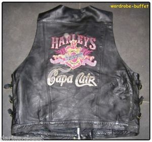 Harley Davidson Embroidered Back Logo Black Leather Vest Jacket Buckles L