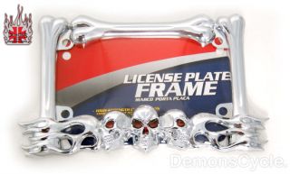 New Chrome Motorcycle License Plate Frame Skulls Flames