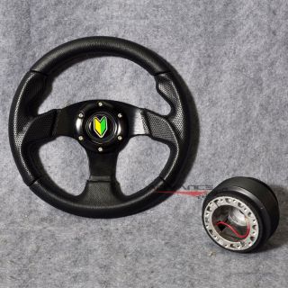 280mm Steering Wheel Type 2 Black PVC Leather Carbon Look w Horn Hub Adapter