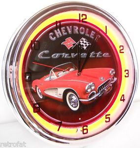 Chevy Corvette 15" Neon Clock Parts Garage Sports Muscle Car Sign Stingray 1958