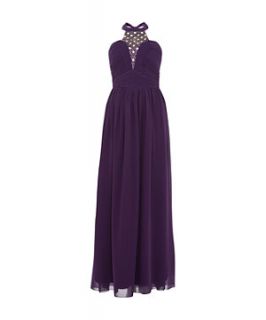 Purple Embellished Halterneck Prom Dress