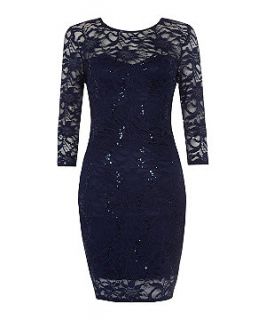 Navy Sequin Floral Lace Bodycon Dress