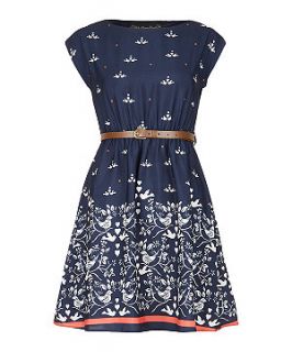 Mela Navy Blue Bird Heart Belted Dress