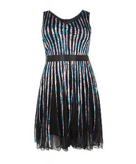 Lovedrobe Blue and Black V Neck Floral Stripe Dress