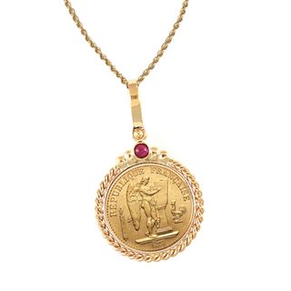 American Coin Treasures 14k Gold Ruby French 20 Franc Lucky Angel Twisted Rope Bezel Gold Coin Pendant Necklace Gold Necklaces