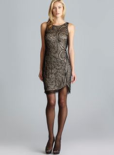 Adrianna Papell Bead Embellished Mesh Overlay Draped Back Dress Adrianna Papell Party Dresses