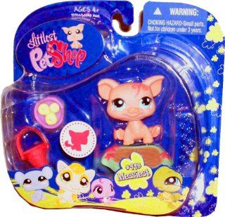 Hasbro Year 2009 Littlest Pet Shop Portable Pets "Messiest" Series Collectible Bobble Head Pet Figure Set #998   Pink PIG with Bowl of Apples, Bucket and Mud Puddle Pad (92720) Toys & Games