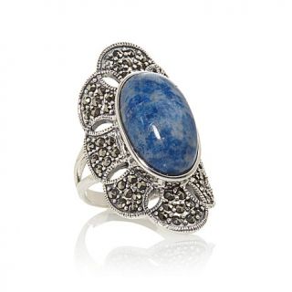 Gray Marasite and Blue Lapis Oval Flower Design Sterling Silver Ring