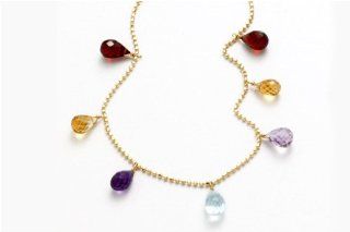 14K Yellow Gold Beaded Diamond Cut 16" Necklace, Set With Dangling Semi Precious "Tear Drop" Color Stones. Jewelry