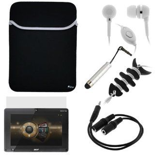 BIRUGEAR Black Neoprene Sleeve Case + LCD Screen Protector + Audio Y Extension Cable + Microphone Headset + Universal Silver Mini Stylus with 3.5mm Plug for Acer Iconia Tab W500 Computers & Accessories