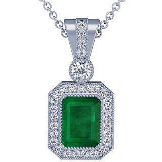 18K White Gold Emerald Cut Emerald And Round Diamond Pendant Jewelry