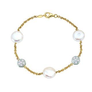 Unique 14K Yellow gold station bracelet with White diamonds and White pearls Jewelry