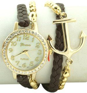 Geneva Platinum 12972312 DARK BROWN Designer Inspired Braided Faux Leather Anchor/Chain w/ Czech Rhinestone wrap around watch Watches