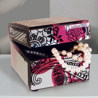 Mirrored Black and Pink Floral Flip Top Jewelry Box   4.25W x 3.5H in.   Womens Jewelry Boxes