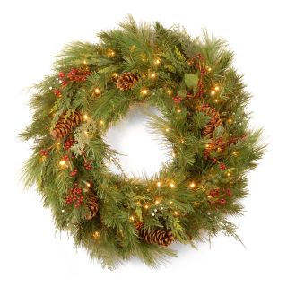 30 in. White Pine Pre Lit LED Christmas Wreath with Pine Cones   Battery Operated   Christmas Wreaths