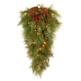 28 in. White Pine Pre Lit LED Wall Teardrop with Pine Cones   Battery Operated   Christmas Swags
