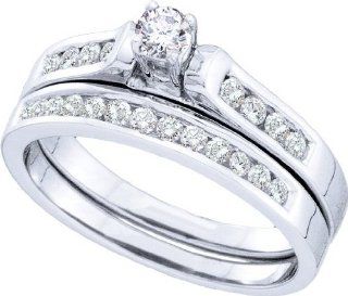 0.50 Carat (ctw) 14K White Gold Round Diamond Ladies Solitaire with Accents Bridal Engagement Ring Matching Band Set With Round Center 1/2 CT Jewelry